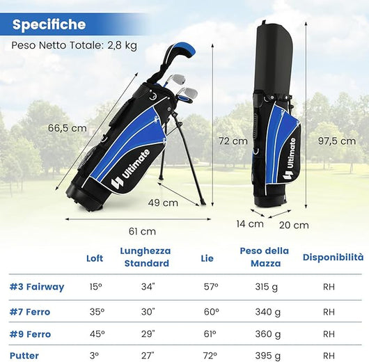 Set Completo di Mazze da Golf per Bambini, Inculude Fairway 3, Ferri 7 e 9, Putter, Copritesta, Borsa Portatile e Cappuccio Antipioggia, Set da Golf per Destrimano(Per 8-10 Anni)