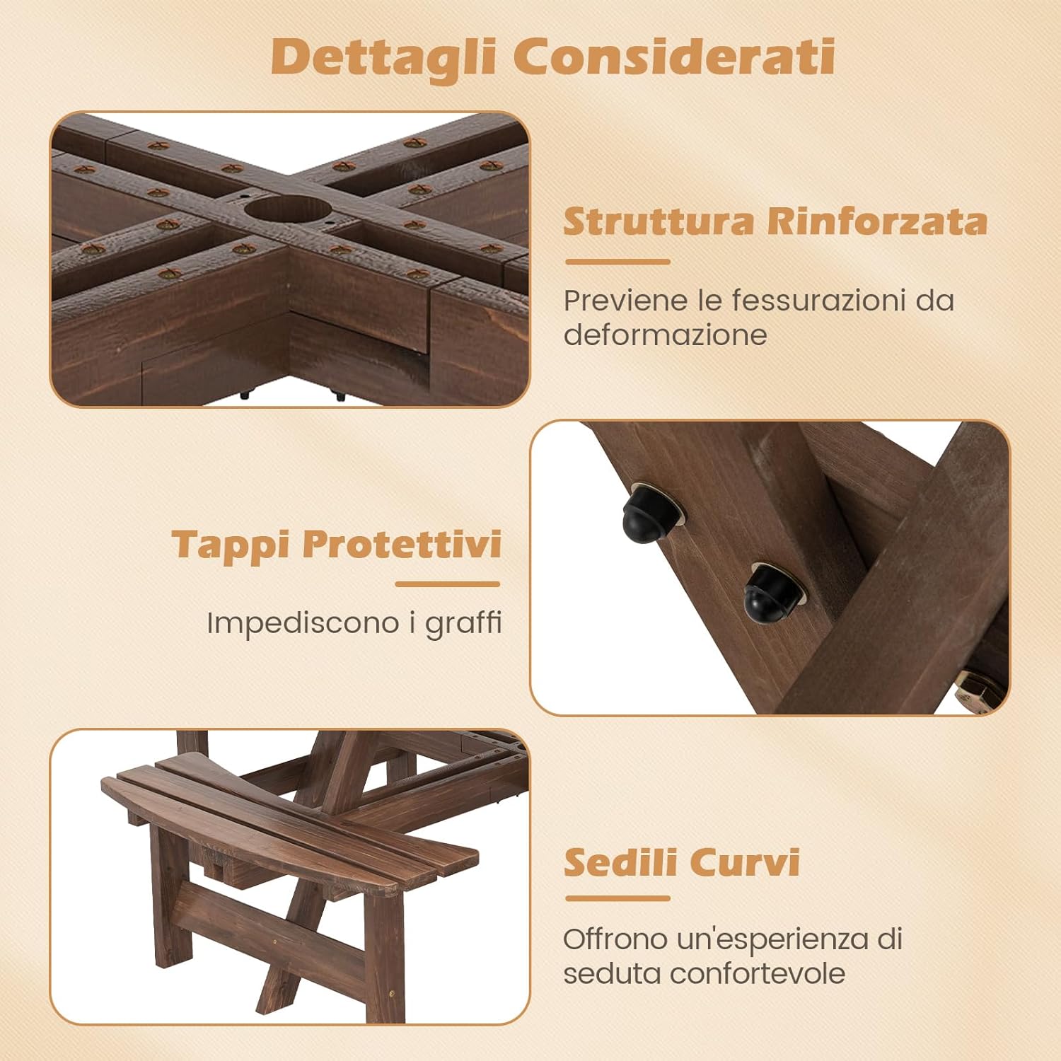 Set Tavolo con 4 Panche da Picnic, Tavolo da Pranzo Rotondo per 8 Persone, con Foro per Ombrello da 5 cm, Set di Mobili da Picnic da Esterno, per Giardino Patio (Marrone)