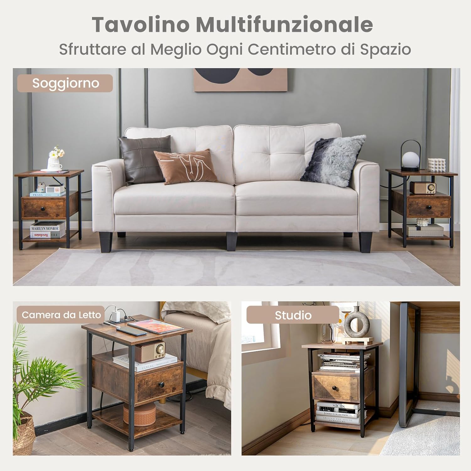 COSTWAY Comodino a 3 Piani con Stazione di Ricarica, Tavolino in Legno con Ripiani Aperti e Cassetto, Tavolino con Struttura in Metallo Robusto per Camera da Letto, Soggiorno e Studio, Naturale