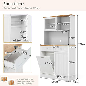 Credenza Alta per Cucina Porta Bidone della Spazzaturi, Mobile Cucina Dispensa con 2 Cassetti, Ante e 2 Ripiani Regolabili, Armadio Cucina in Legno di Gomma, 100 x 34 x 172 cm, Bianco