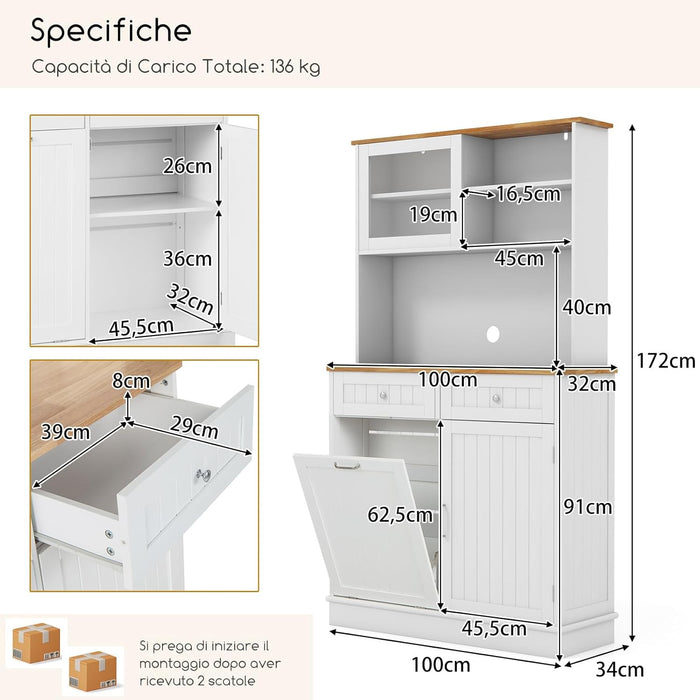 Credenza Alta per Cucina Porta Bidone della Spazzaturi, Mobile Cucina Dispensa con 2 Cassetti, Ante e 2 Ripiani Regolabili, Armadio Cucina in Legno di Gomma, 100 x 34 x 172 cm, Bianco