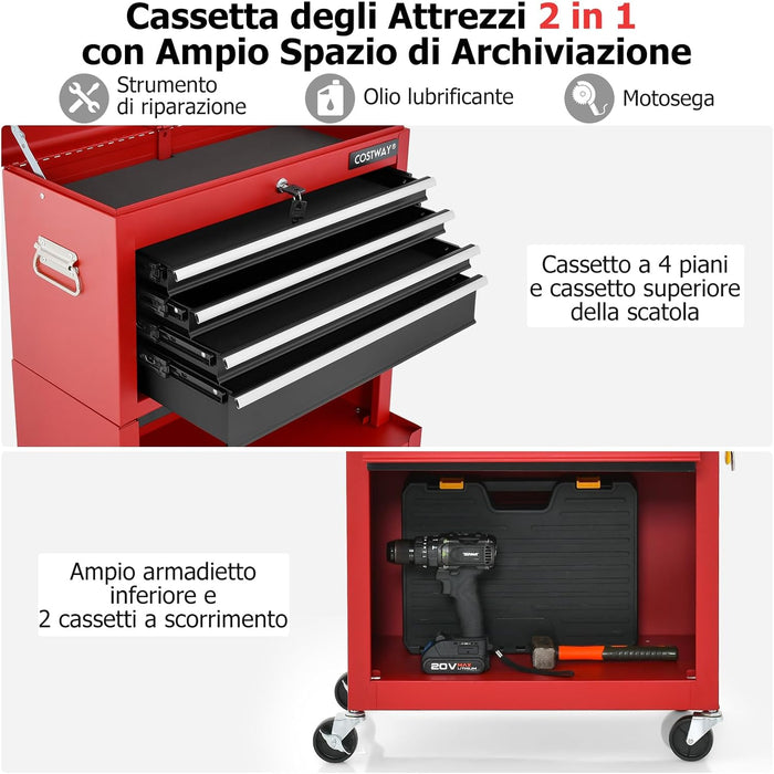 Cassettiera Portautensili a 6 Cassetti, Carrello per Attrezzi con Ruote Bloccabili, con Ripiano rimovibile e Serratura, 61,5 x 33 x 132 cm (Nero+Rosso)