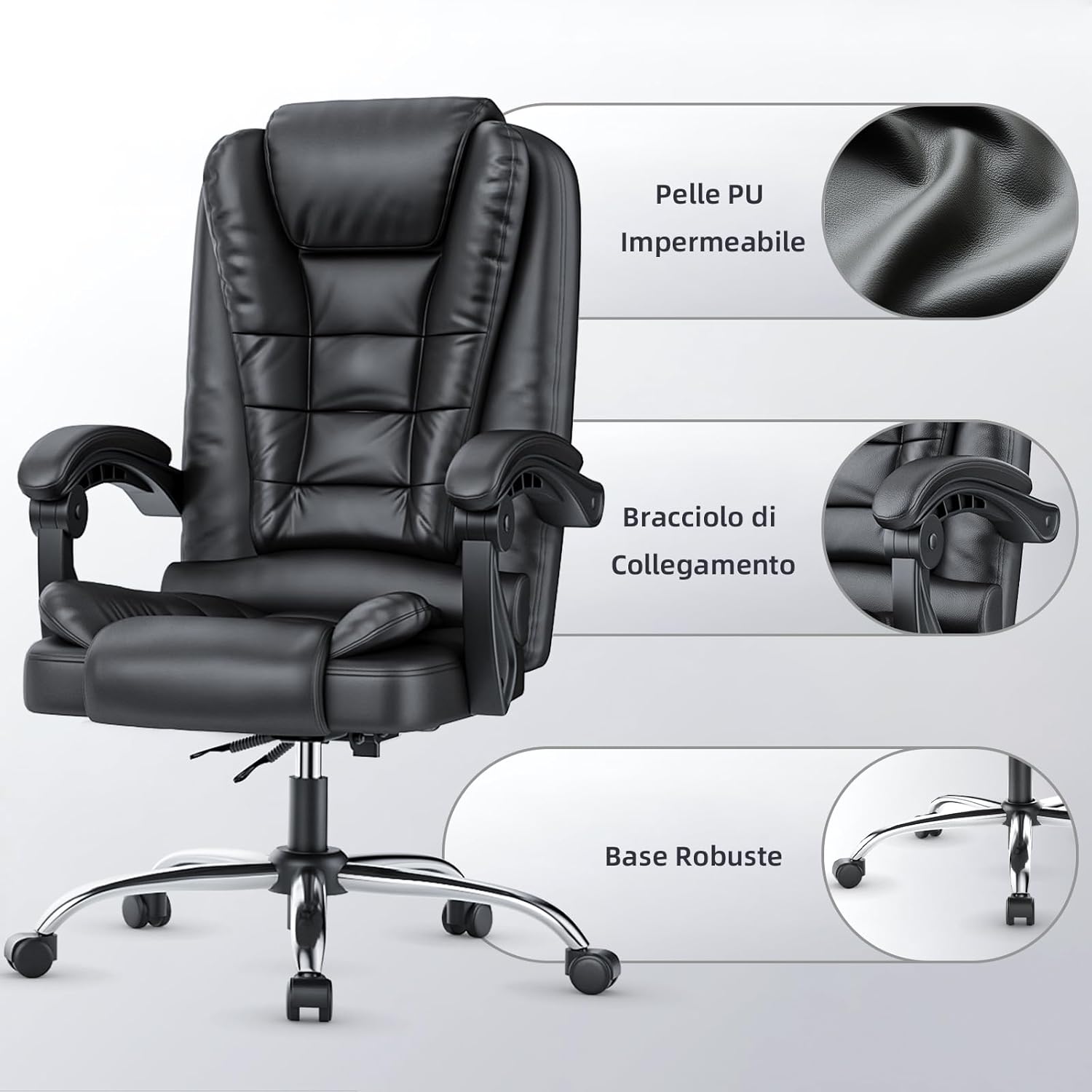 Sedia da Ufficio Ergonomica - RATTANTREE - Poltrona Direzionale con Sedile Largo - Nero
