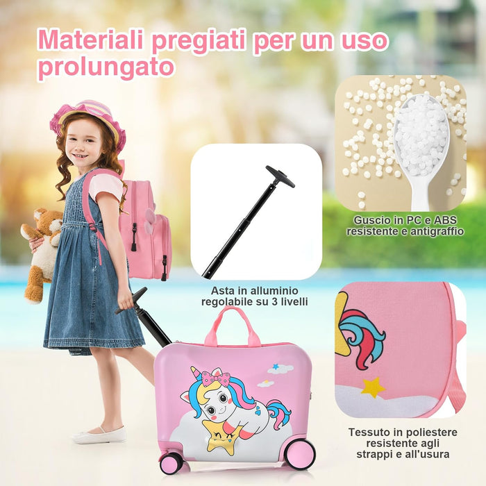Valigia Cavalcabile per Bambini, 18" Valigia+ 12" Zaino,2 Pezzi, Trolley Bambini Bagaglio a Mano con Ruote Girevoli e Maniglia Retrattile, 2 Cingie Multiuso (Modello 5)