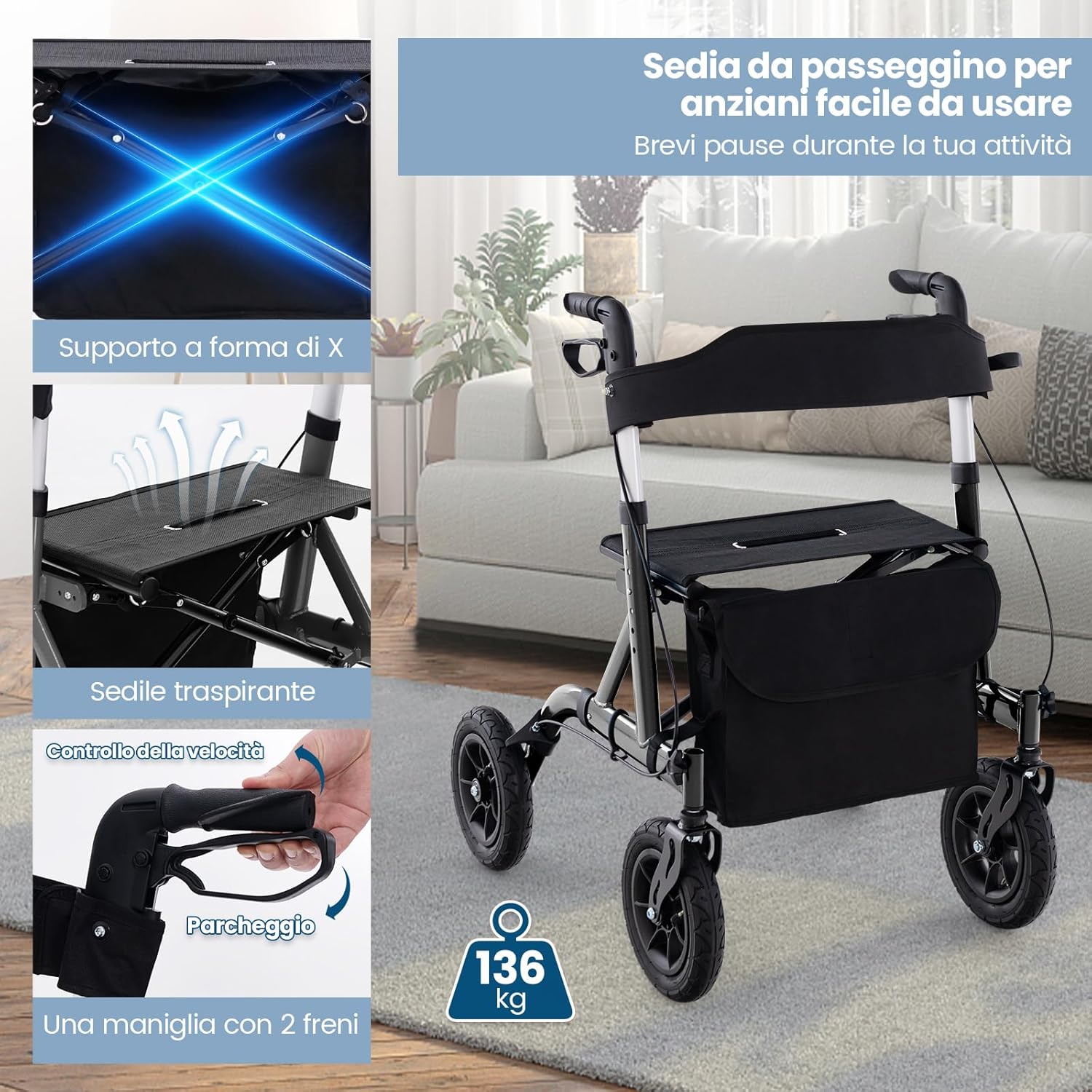 Deambulatore con Seduta 2 in 1, Rollator Pieghevole per Anziani con 4 Ruote, Maniglie Regolabili in Altezza 81-94cm, Portaombrelloni e Borsa Portaoggetti, Carico Massimo 160 kg (Nero)
