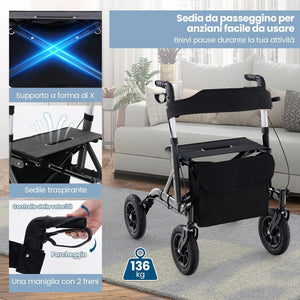 Deambulatore con Seduta 2 in 1, Rollator Pieghevole per Anziani con 4 Ruote, Maniglie Regolabili in Altezza 81-94cm, Portaombrelloni e Borsa Portaoggetti, Carico Massimo 160 kg (Nero)