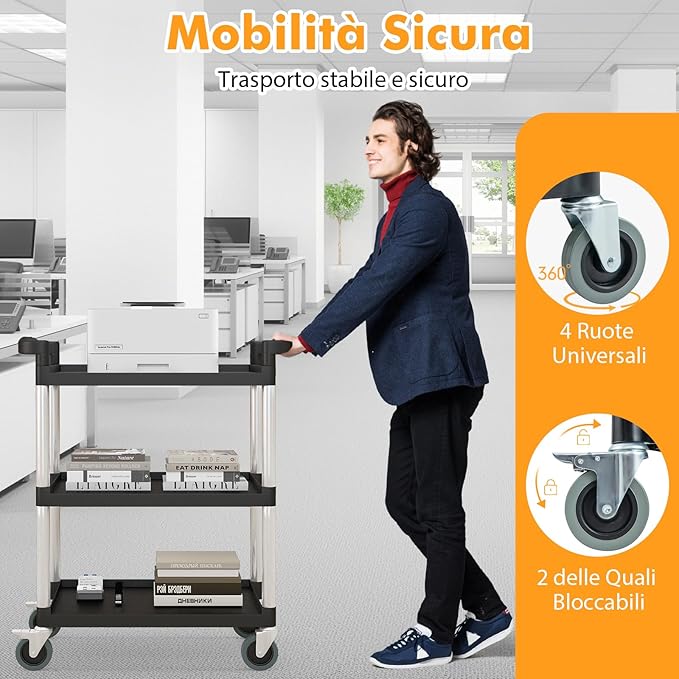 Carrello Portautensili Attrezzi a 3 Livelli, Carrello di Servizio da Officino con Rutoe Bloccabili, Doppie Maniglie e Struttura Robusta in Alluminio, Portata 225kg, per Magazzino e Cucina