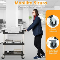 Carrello Portautensili Attrezzi a 3 Livelli, Carrello di Servizio da Officino con Rutoe Bloccabili, Doppie Maniglie e Struttura Robusta in Alluminio, Portata 225kg, per Magazzino e Cucina