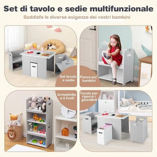 Set di Tavolo e Sedie per Bambini 4 in 1, Tavolo di Attività per Bambini con 2 Sedie Impilabili Coperchio Rimovibile e Contenitore, Grigio + Bianco, per bambini dai 3+ anni