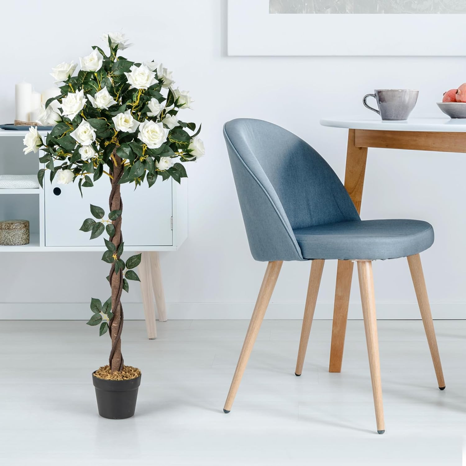 Pianta Floreale Finta 120 CM, Albero di Fiori Artificiali con Rose Bianche, Vaso da Vivaio, Pianta in Vaso da Interno per Decorazione Interna per Ufficio e Casa