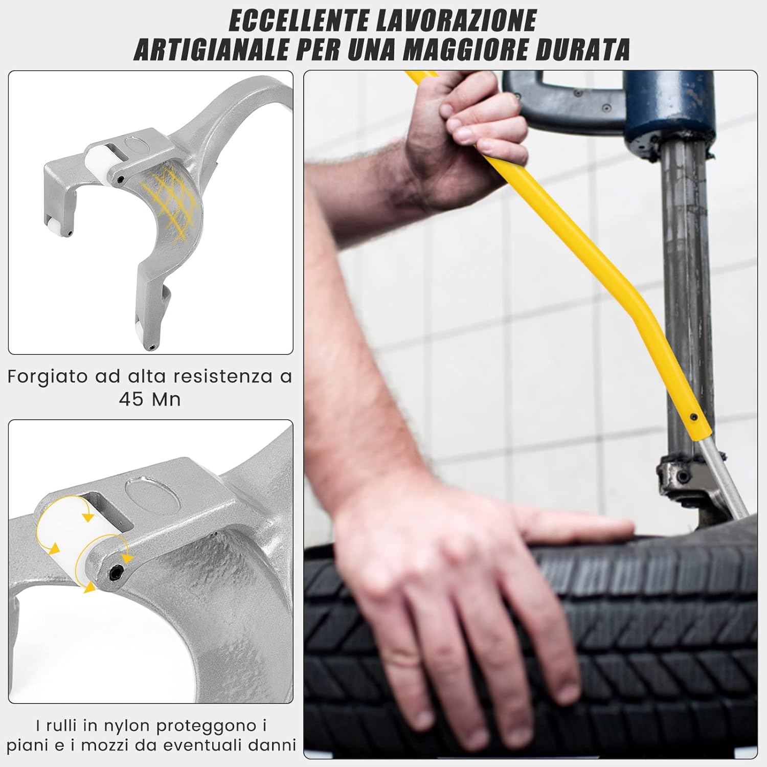 Strumento di Montaggio e Smontaggio Pneumatici Cambia Gomme da 44 cm a 62 cm, 3 PCS Strumenti Manuali con Supporto per Tallone in Acciaio per la Riparazione di Auto (Giallo)