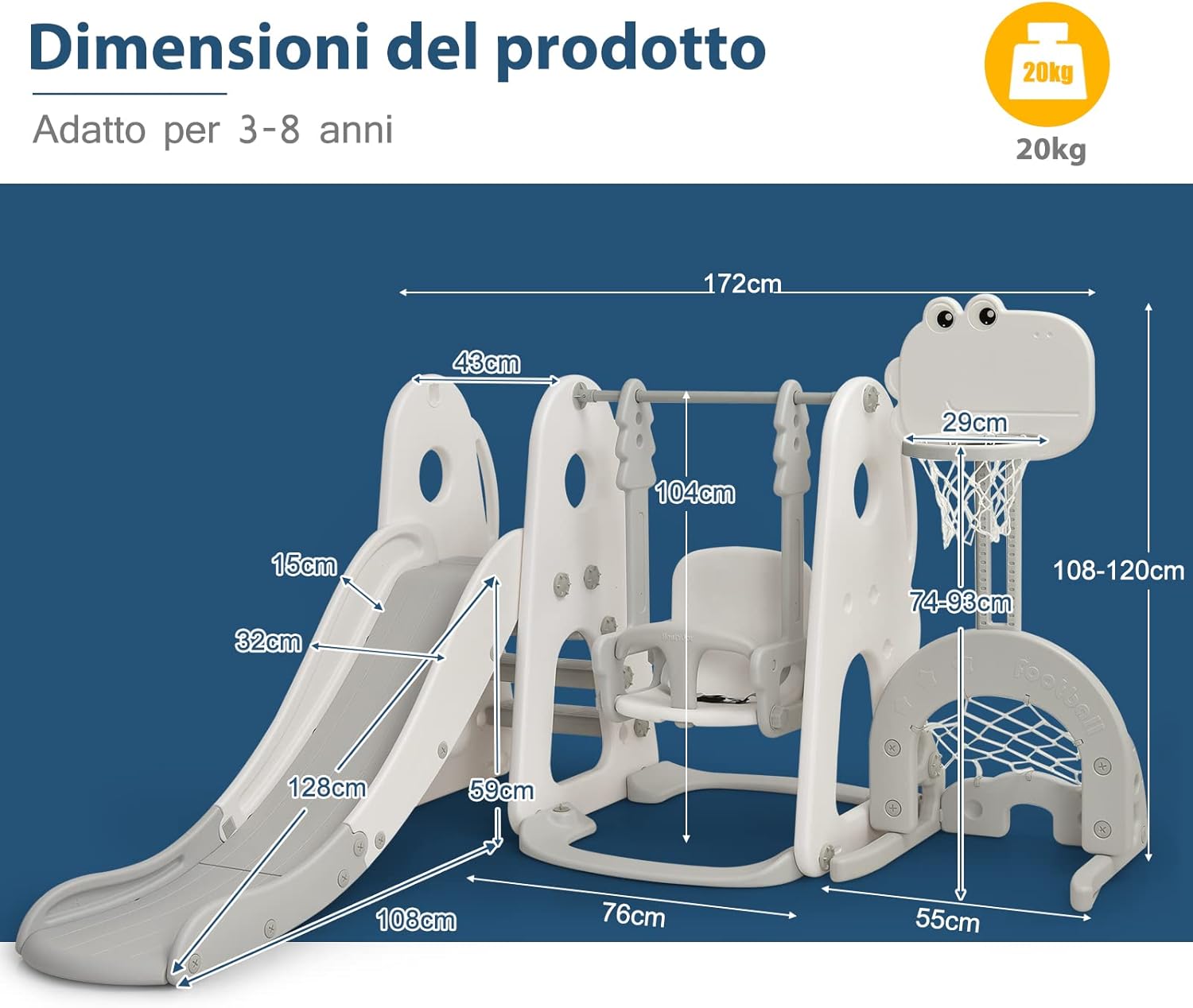 6 in 1 Parco Giochi per Bambini, con Altalena Scivolo Canestro da Basket Golf, Parco Giochi per Bambini da Esterno ed Interno, 172x182x108-120cm, 18 Mesi+ (Bianco)