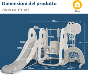 6 in 1 Parco Giochi per Bambini, con Altalena Scivolo Canestro da Basket Golf, Parco Giochi per Bambini da Esterno ed Interno, 172x182x108-120cm, 18 Mesi+ (Bianco)