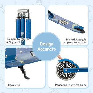 Monopattino per Bambini Pieghevole e Portatile, Monopattino a 2 Ruote con Manubrio Regolabile, Ruote Luminose a LED, Freno Posteriore e Tracolla, Ideale per Bambini e Bambine 3+