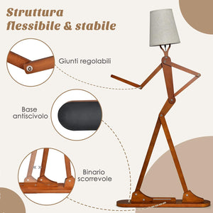 Lampada da Terra in Legno, Piantana Umanoide Decorativa ad Angolo con Articolazioni Regolabili, Paralume in Tessuto e Interruttore a Pedale, Lampa a Stelo da Salotto e Camera da Letto