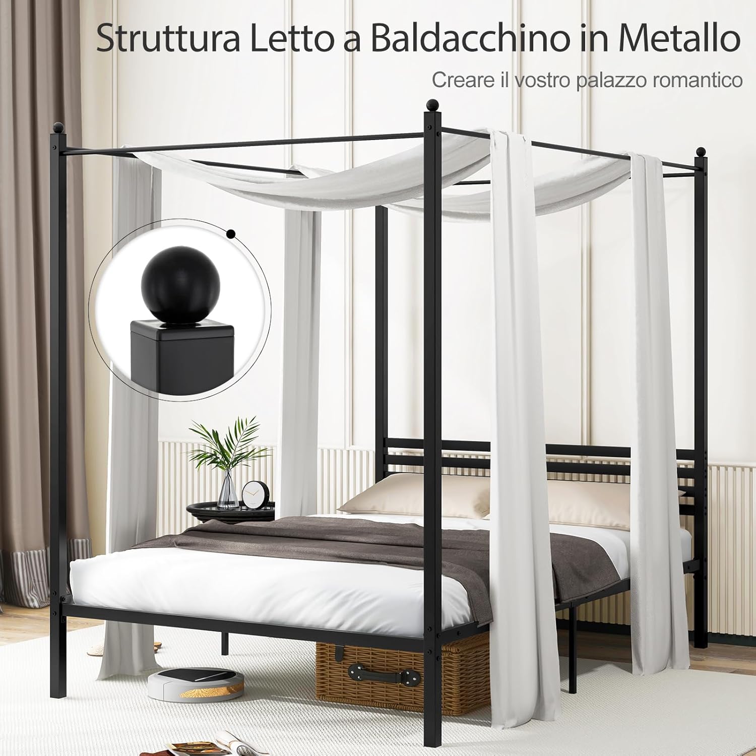 Struttura Letto in Metallo 200x140 cm, Telaio da Letto Matrimoniale con Testiera e 4 Poste, Sostegno Robusto in Metallo, Carico Massimo 300kg