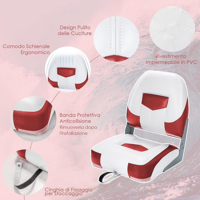 Set di 2 Sedie da Barca, Sedie per Barca Con Schienale Basso, Sedia da Barca Pieghevole, con Schiuma Spessa, Cinghia di Fissaggio, 50 x 42 x 52 cm (Rosso+Bianco)