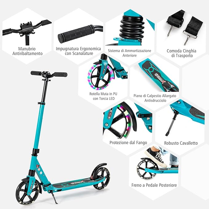 Scooter Monopattino a Spinta per Bambini Pieghevole e Regolabile in Altezza (91-106 cm), con Ruote Luminose e Cavalletto, Carico Massimo 100kg