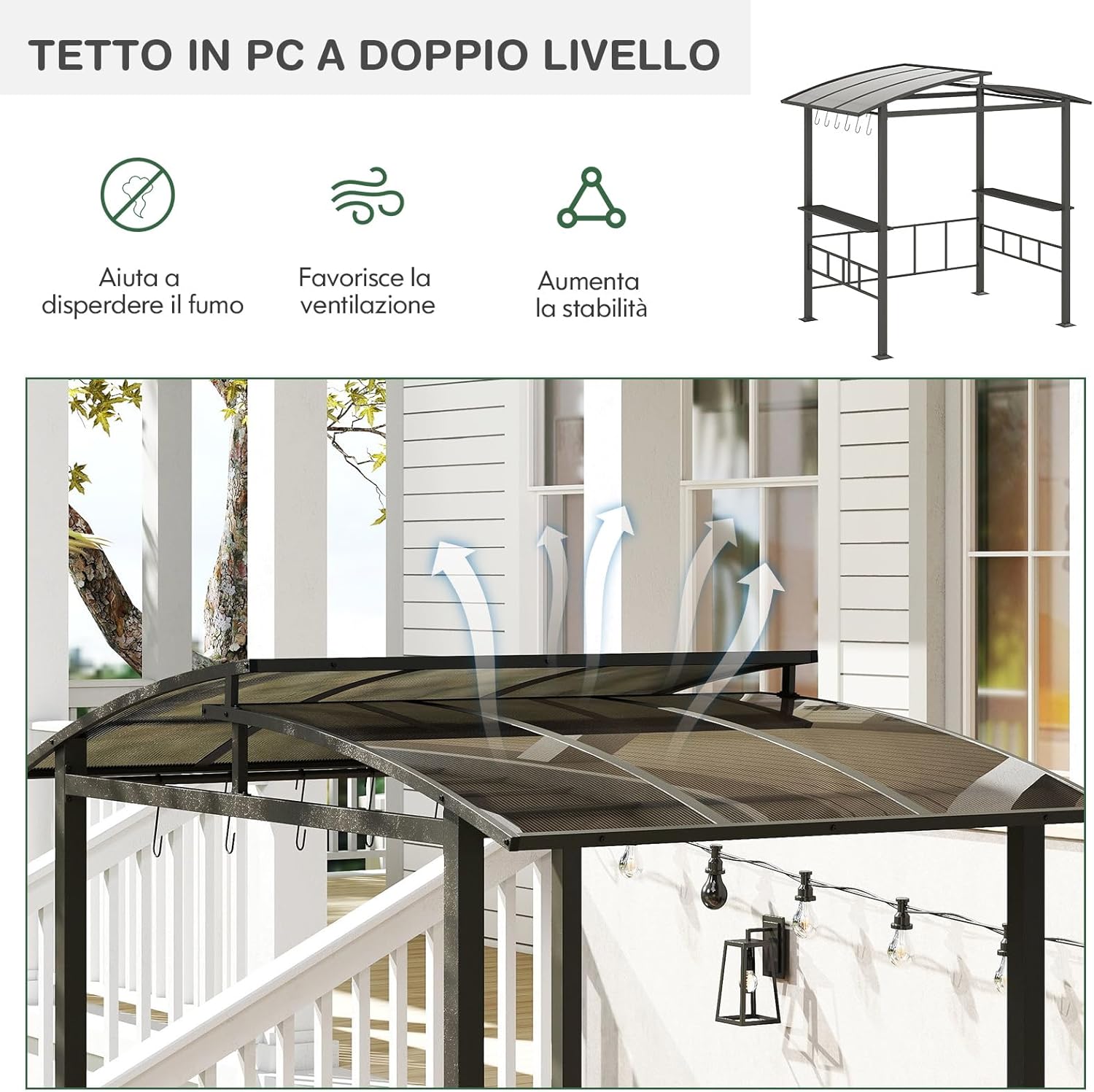 Gazebo Barbecue 248 x 150 x 232 cm, Gazebo con Struttra in Metallo con Tetto in Policarbonato Ventilato, Mesnole Laterali e Ganci, Tenda per Giardino, Patio e Cortile