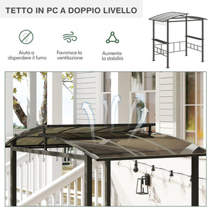 Gazebo Barbecue 248 x 150 x 232 cm, Gazebo con Struttra in Metallo con Tetto in Policarbonato Ventilato, Mesnole Laterali e Ganci, Tenda per Giardino, Patio e Cortile