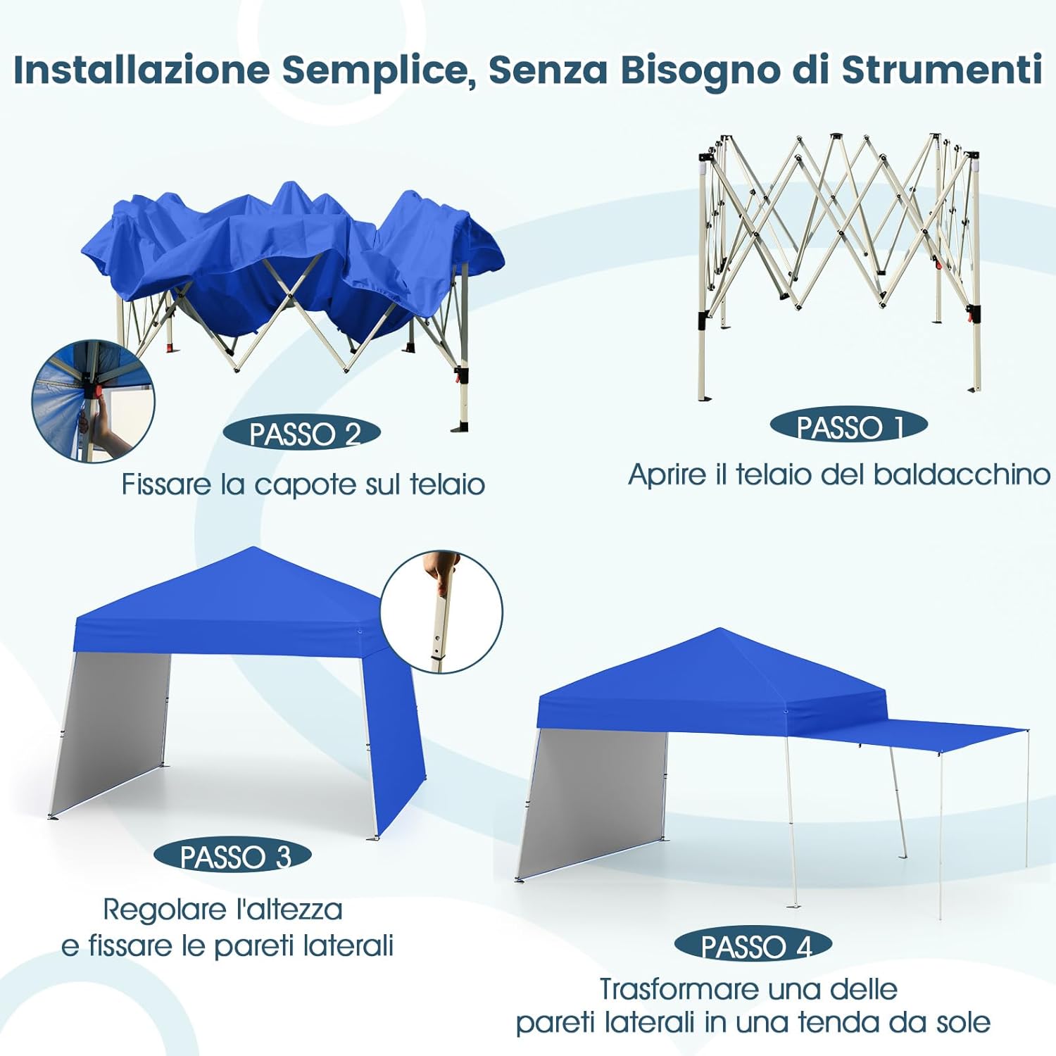 Gazebo Pieghevole 430 x 280 cm, Gazebo da Esterno con Pareti Laterali Convertibili in Tenda da Sole, 8 Picchetti, 4 Corde Antivento, Tendone Impermeabile per Feste (Blu)