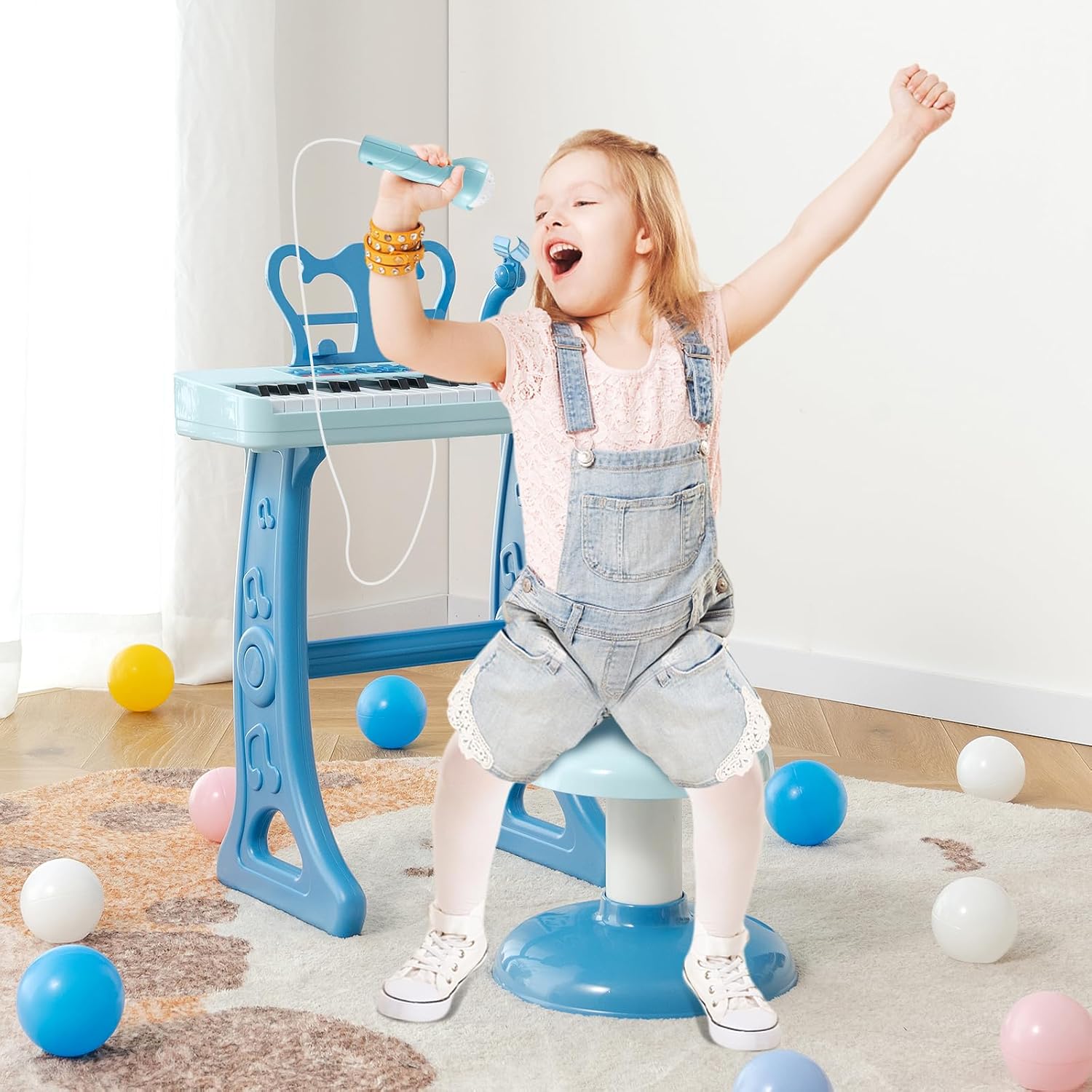 Pianoforte per Bambini a 37 Tasti, Strumento Musicale Elettronico con Microfono Regolabile e Leggio Rimovibile, Sgabello Abbinato, per Bambini di 3+ Anni (Blu)