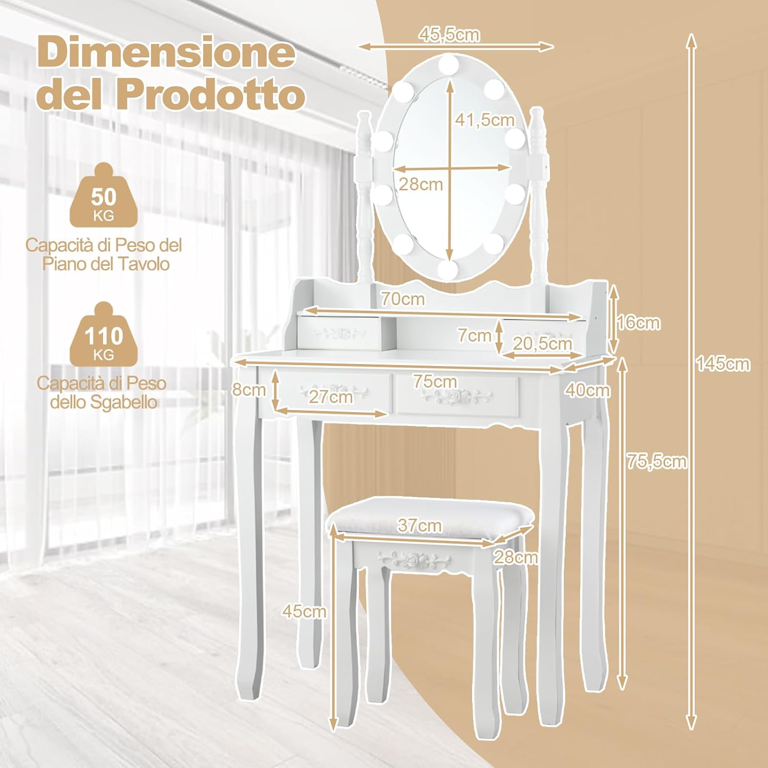 Toeletta da Trucco con 10 Luci LED, Tavolo da Trucco con Specchio Ovale Illuminato, Toeletta con 4 Cassetti e Sgabello Imbottito per Camera da Letto (Bianco)