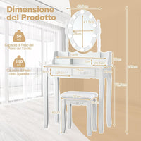 Toeletta da Trucco con 10 Luci LED, Tavolo da Trucco con Specchio Ovale Illuminato, Toeletta con 4 Cassetti e Sgabello Imbottito per Camera da Letto (Bianco)