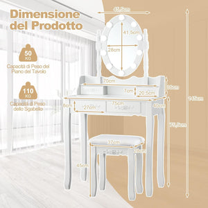 Toeletta da Trucco con 10 Luci LED, Tavolo da Trucco con Specchio Ovale Illuminato, Toeletta con 4 Cassetti e Sgabello Imbottito per Camera da Letto (Bianco)