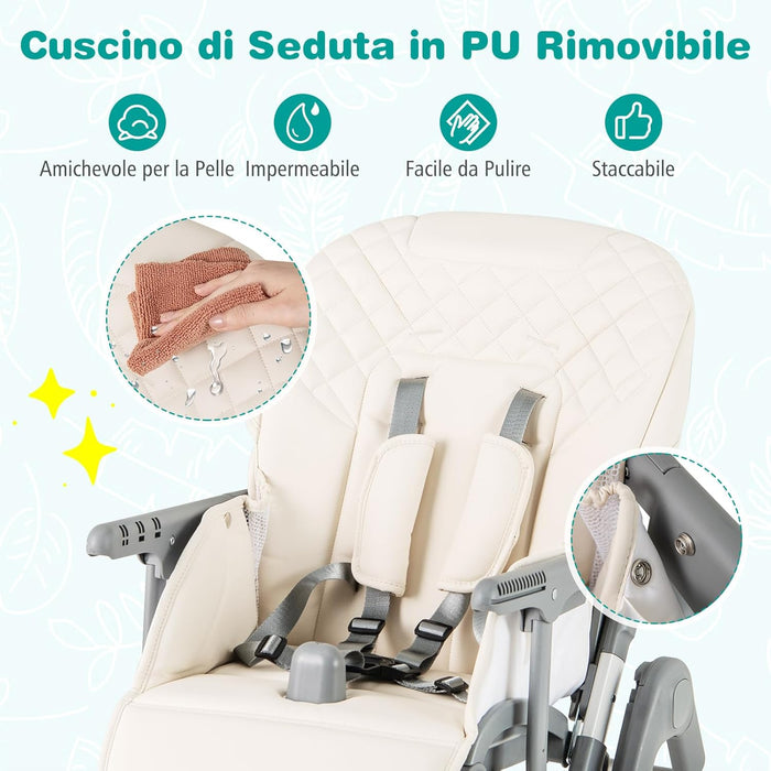 Seggiolone Pieghevole per Bambini, Portatile Regolabile con Poggiapiedi, Seggiolone con Vassoio Staccabile, Cuscino Sede in PU, Cintura di Sicurezzae Ruote Incorporate, Portata 15 kg (Beige)
