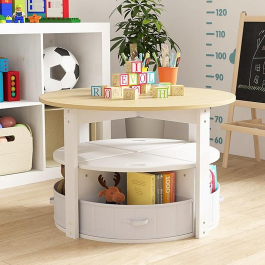 Set Tavolo e Sedie per Bambini a 5 Pezzi, Tavolino Rotondo Salvaspazio con 4 Sgabelli, Ripiano e 4 Cassetti in Tessuto, Set Mobili per Cameretta, Asilo e Disegnare (Naturale)