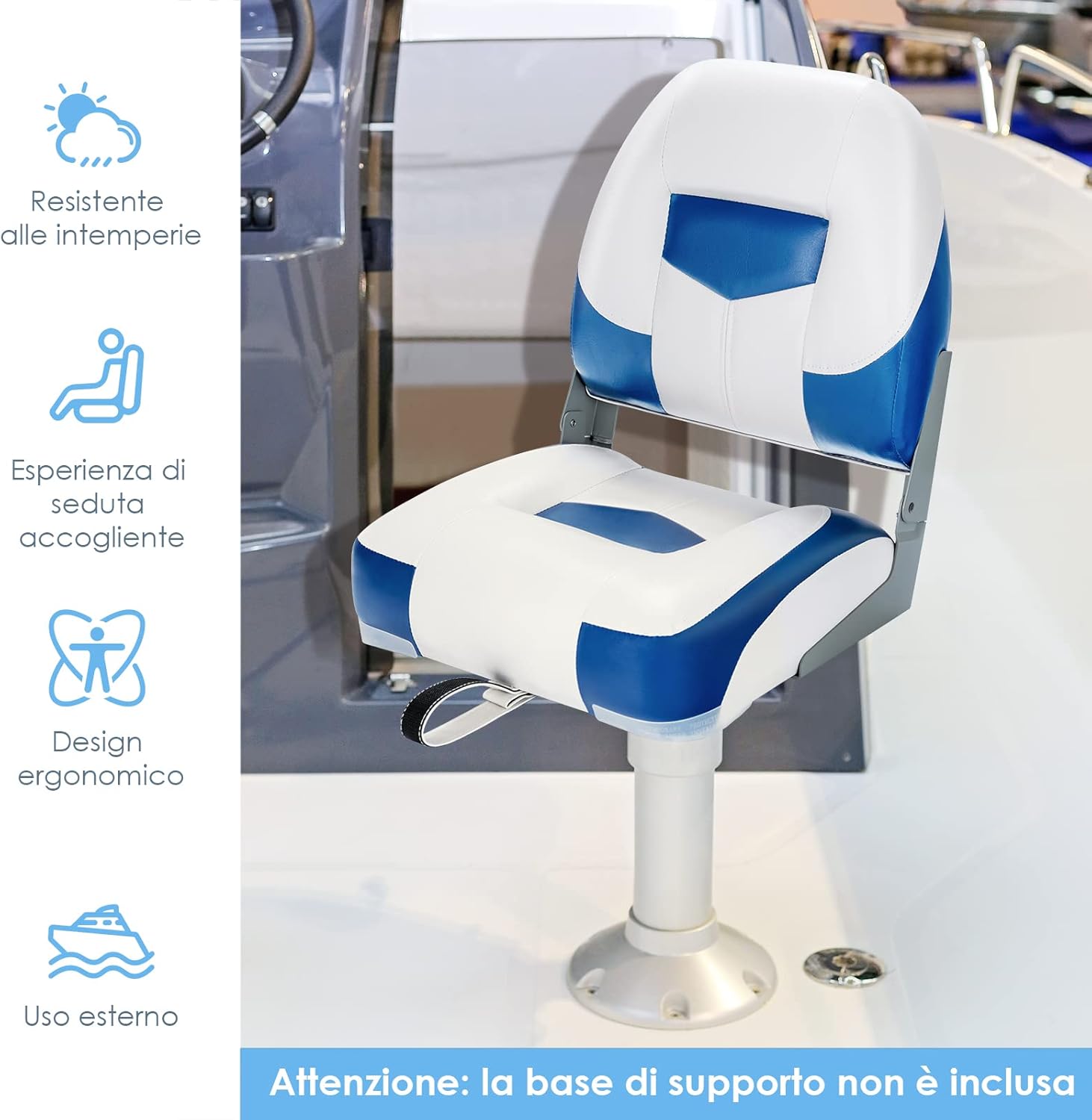 Sedie per Barca, Con Schienale Basso, Sedile del timoniere con Cinghia di Fissaggio Lunga e Viti in Acciaio Inox, Con Schiuma Spessa e Cerniere Metalliche Durevoli, Blu e Bianco