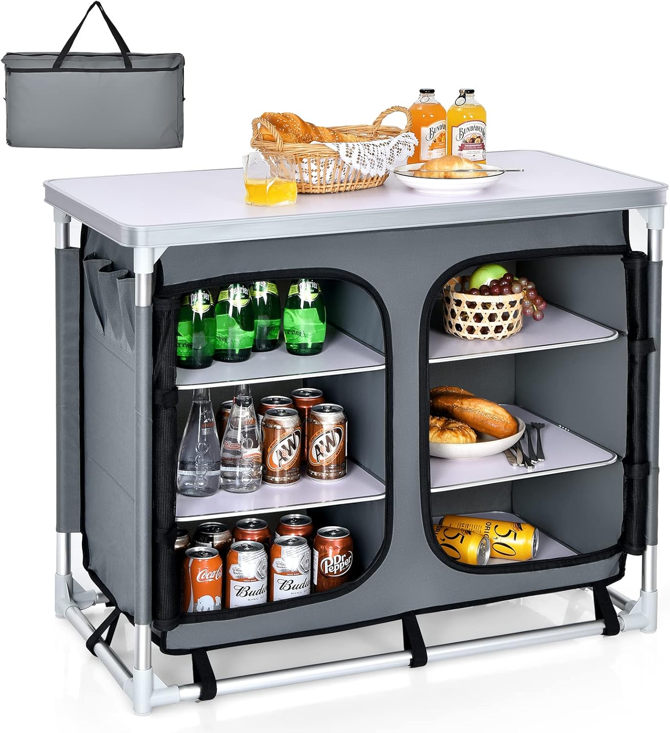 Cucina Portatile Cucina per Esterno Tavolo da Campeggio Pieghevole, Tavolo per Griglia in Alluminio, con Contenitori, per Festa Griglia e Campeggio (Grigio)