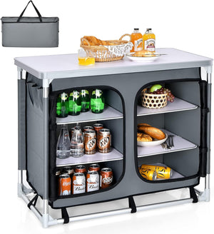 Cucina Portatile Cucina per Esterno Tavolo da Campeggio Pieghevole, Tavolo per Griglia in Alluminio, con Contenitori, per Festa Griglia e Campeggio (Grigio)