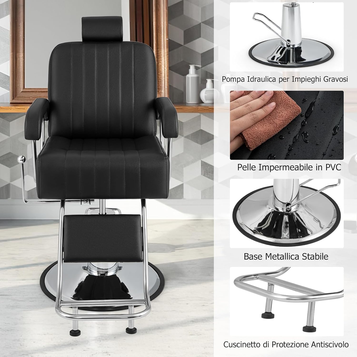 Poltrona da Barbiere Girevole, Sedia da Barbiere con Poggiatesta Regolabile e Schienale Reclinabile, con Altezza Regolabile, Portata 150 kg