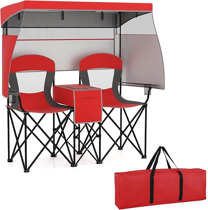 Sedia Spiaggia a Doppio, Sedia da Campeggio con Tettoia Regolabile, Poltrona Loveseat per 2 Persone, con Borsa da Trasporto, Borsa Termica, per Giardino Picnic, Portata 300 kg (Rosso)