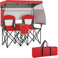 Sedia Spiaggia a Doppio, Sedia da Campeggio con Tettoia Regolabile, Poltrona Loveseat per 2 Persone, con Borsa da Trasporto, Borsa Termica, per Giardino Picnic, Portata 300 kg (Rosso)