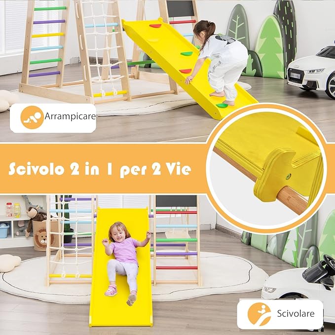 8 in 1 Triangolo da Arrampicata Multifunzione, Parco Giochi in legno Massello con Scivolo, Altalena e Lavagna, Uso Interno, per Bambini 1 a 5 anni (Modello 3 Colorato)