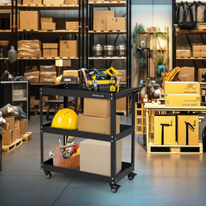 Carrello Portautensili a 3 Livelli, Carrello Metallico Resistente con 3 Ripiani, 4 Ruote Universali con 2 Freni, per Garage, Casa, Magazzino, 73 x 36 x 75 cm (Nero)