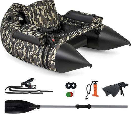 Gommone Gonfiabile da Pesca, Barca da Pesca Portatile con 2 Pinne, Pagaia in Alluminio, Pompa, Spallacci e Kit di Riparazione, Schienale Regolabile, capacità di Carico 150kg