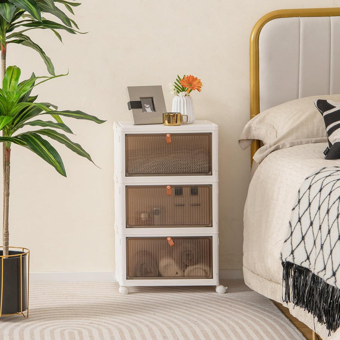 Scarpiera Pieghevole a 3/4/6 Piani, Mobile Multiuso Impilabile con Porte Trasparenti Magnetiche e Ruote Piroettanti Bloccabili, Contenitore con Coperchio per Cibi Giocattoli Abiti (3 Piani)