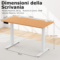 Scrivania Regolabile in Altezza, Scrivania con 3 Impostazioni di Altezza Memorizzabili, 2 Ganci e Gestione dei Cavi, Scrivania da Ufficio e Casa, 120 x 60 x 73-122 cm (Legno)
