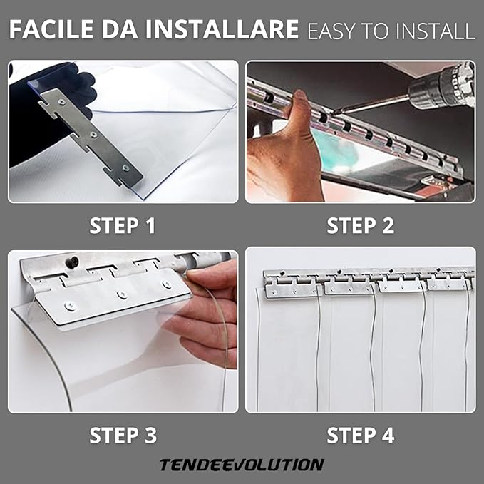 Porta Industriale a Strisce Flessibili in PVC Trasparente 3m x 3m | Ottimo Isolamento Termico | Profilo e Piastre in Acciaio Inox