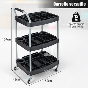 Carrello per Utensili a 3 piani, Carrello Porta Attrezzi su ruotedi Bloccaggio,Capacità 45kg, Organizzatore di strumenti con Pannelli Ben Divisi, per garage per officina per accessori