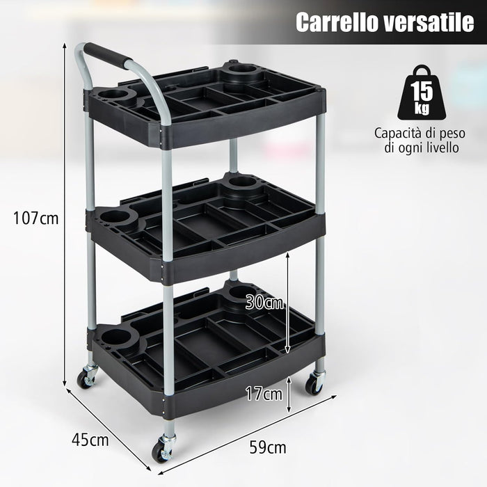 Carrello per Utensili a 3 piani, Carrello Porta Attrezzi su ruotedi Bloccaggio,Capacità 45kg, Organizzatore di strumenti con Pannelli Ben Divisi, per garage per officina per accessori