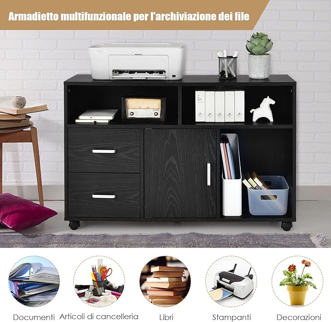 Mobile Per Documenti Con 3 Mensole Aperte, 2 Cassetti, Superficie Ampia, Schedario Mobile Con 5 Ruote Girevoli, Per Casa e Ufficio