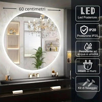 Specchio Rotondo da Parete RUBLO 60 cm, Specchio Retroilluminato Bagno, Led 4000K, Specchiera Bagno Made in Italy Personalizzabile Bordo Filo Lucido Moderno