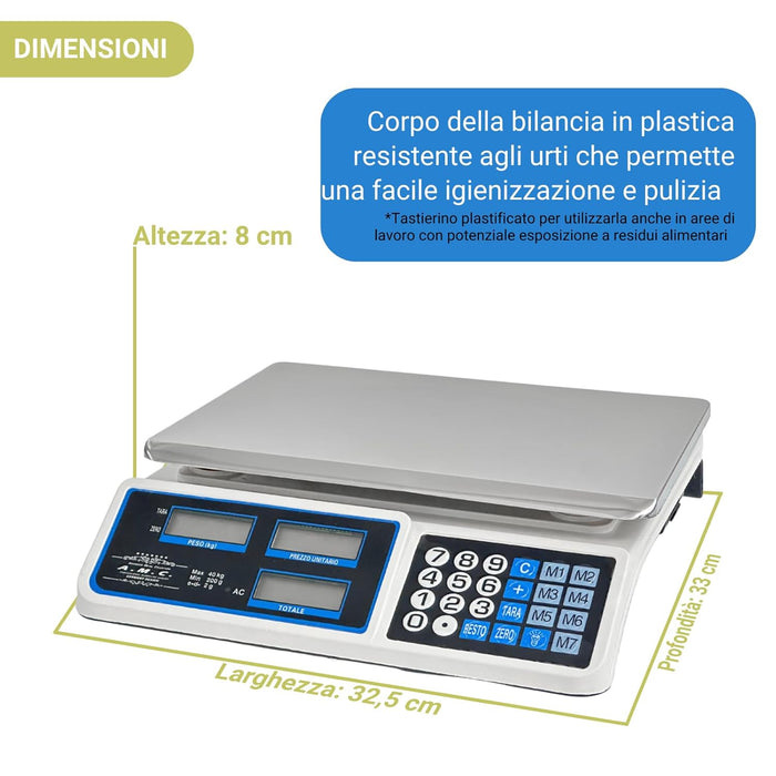 Bilancia Elettronica Professionale da Banco per Alimenti - Bilancia Digitale con 7 Tasti di Memoria e Piatto in Acciaio Inox e Schermo LCD con Prezzo