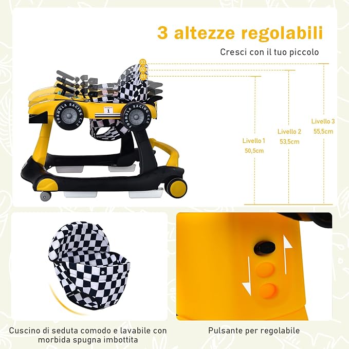 Girello per Bambini 4 in 1, Girello Pieghevole con Altezza e Velocità Regolabili, Carillon con Luci, Volante, Primi Passi per Bambini 6-18 Mesi, Portata 15 kg (Giallo)