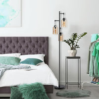 Lampada da Terra, Lampada a Stelo Retrò con Paralume in Vetro Ambrato a 3 Teste Sospese, Interruttore a Pedale, Base in Metallo, Ideale per Soggiorno, Camera da Letto, Corridoio e Studio